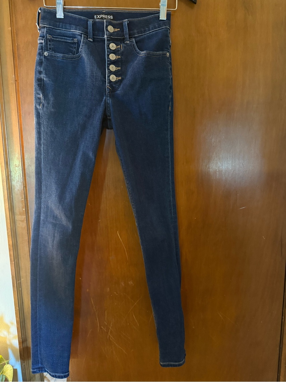 Express Dark Blue High-Rise Skinny Jeans with Button Fly